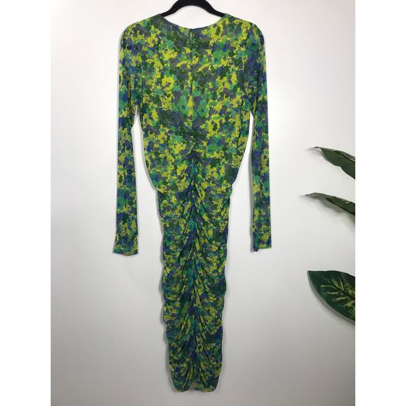 GANNI Ruched Mesh Dress Sulphur Spring Green Yellow Floral Midi 38 Wedding Guest - Picture 5 of 14